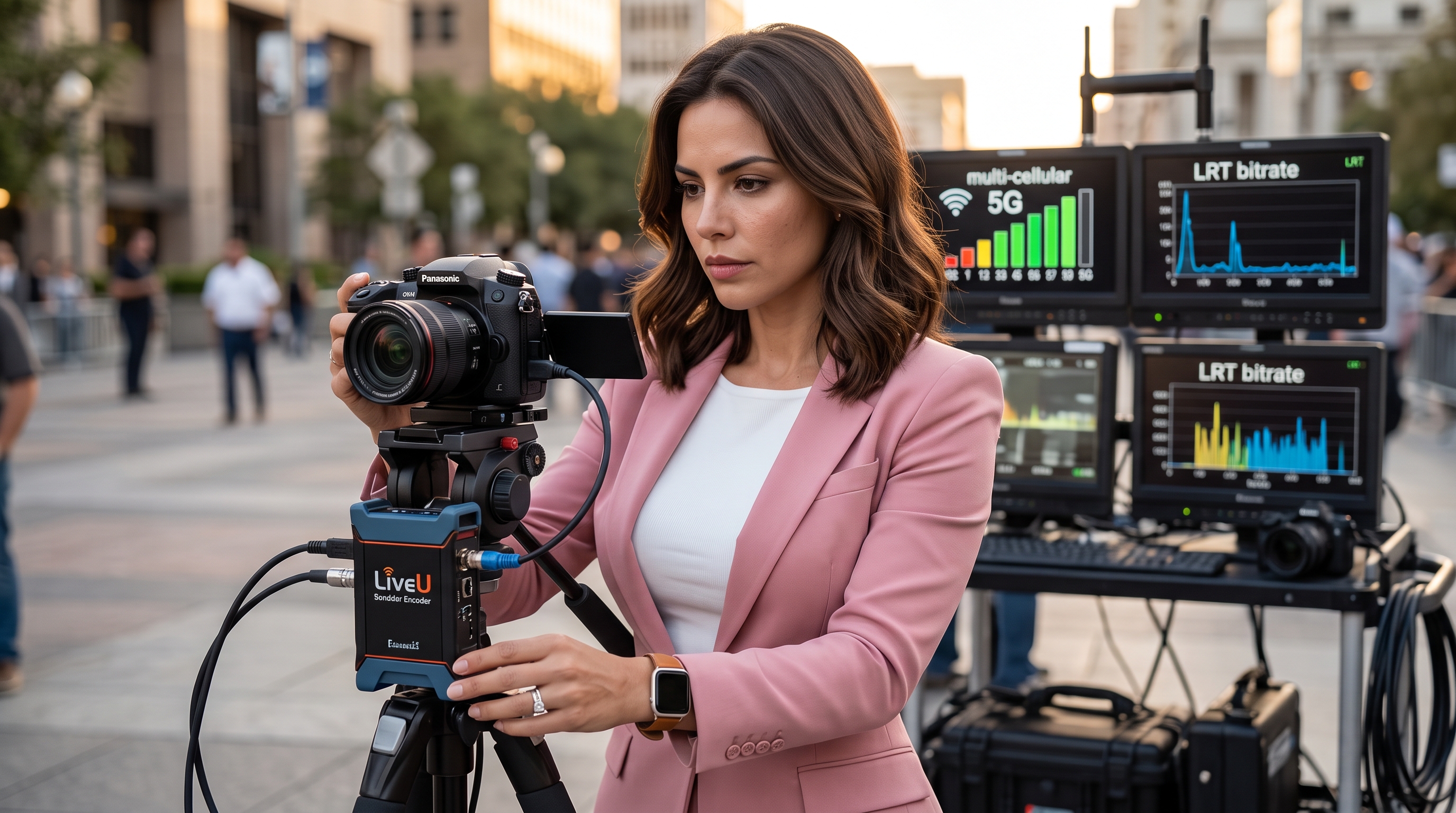 Dot Picazo en blazer rosa palo ceñido operando cámara LUMIX y mochila LiveU 5G en exteriores